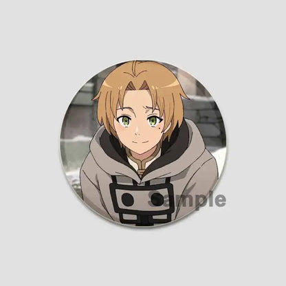 Circular handmade tinplate pin badge featuring roxy migurdia with light brown hair and green eyes in gray hooded garment
