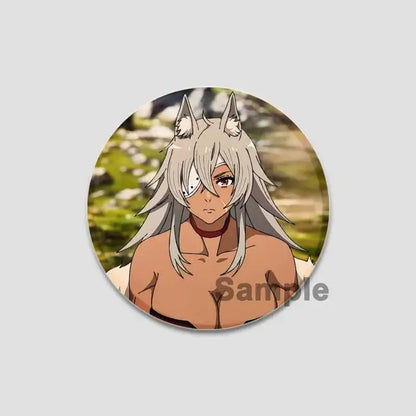 Circular handmade tinplate pin badge featuring roxy migurdia with silver hair wolf ears and white eye patch