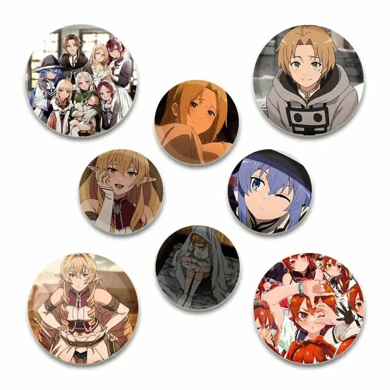 Set of seven colorful handmade tinplate anime pin badges featuring roxy migurdia from mushoku tensei