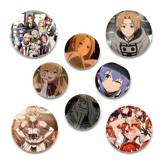 Set of seven colorful handmade tinplate anime pin badges featuring roxy migurdia from mushoku tensei