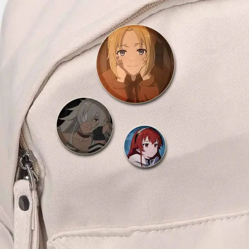 Three handmade tinplate pin badges featuring roxy migurdia and two other anime characters with colorful hair and outfits