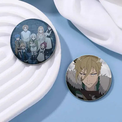 Two handmade tinplate pin badges featuring roxy migurdia and a blonde character from mushoku tensei