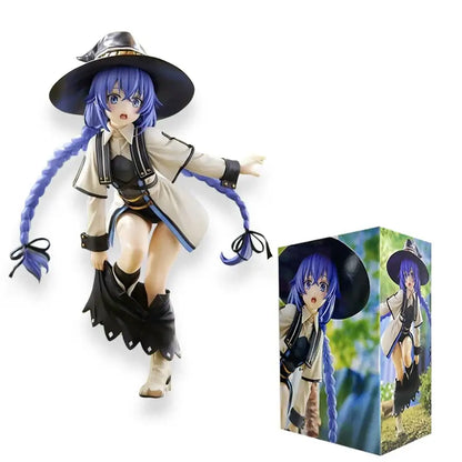 Mushoku tensei roxy migurdia pvc action figure with blue braided hair, black hat, beige coat, and detailed accessories