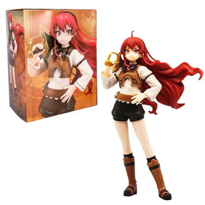 Red-haired mushoku tensei roxy migurdia pvc action figure with long hair wearing white blouse brown vest and shorts