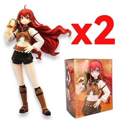 Mushoku tensei roxy migurdia pvc action figure with red hair in white blouse brown vest holding golden object in action pose