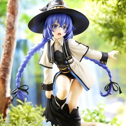 Mushoku tensei roxy migurdia pvc action figure with blue hair wearing black hat and beige coat with black accents