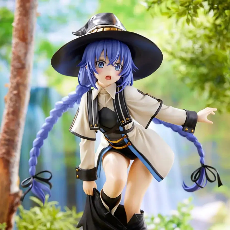 Blue-haired roxy migurdia pvc figure wearing a black hat beige coat and black outfit from mushoku tensei, 25cm tall