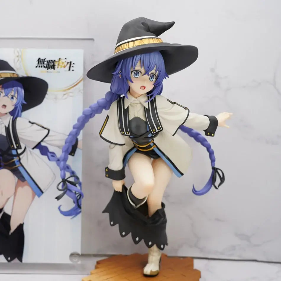 A detailed roxy migurdia pvc figure from mushoku tensei featuring a witch with blue braided hair and gold-trimmed black hat
