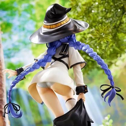 A detailed roxy migurdia pvc figure featuring vibrant blue braided hair and a black wide-brimmed hat with gold trim