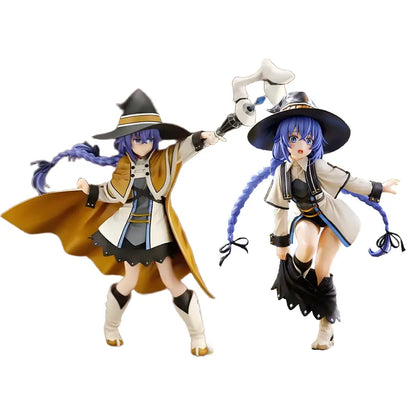 Two detailed blue-haired roxy migurdia pvc figures from tensei roxy migurdia, one in tan coat and one in black-and-white attire