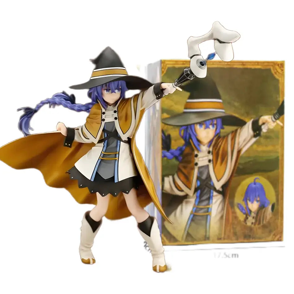 Detailed 17.5cm pvc figure of roxy migurdia from tensei roxy migurdia wearing orange coat with bone-handled staff displayed with packaging
