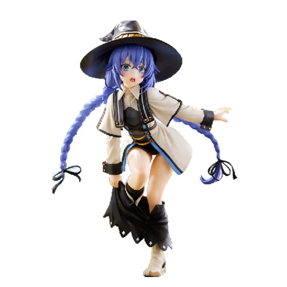 Blue-haired roxy migurdia pvc figure wearing wide-brimmed hat and beige coat from tensei 25cm statue