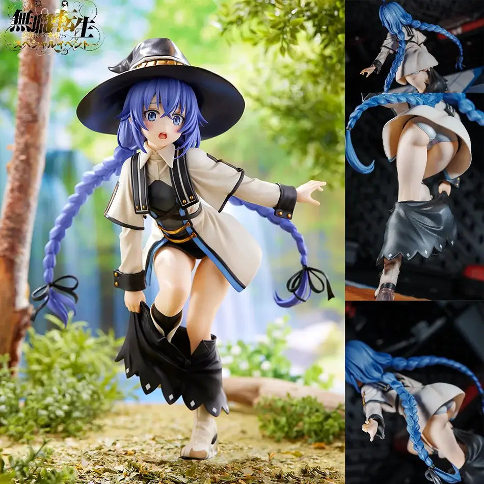 Blue-haired roxy migurdia pvc figure wearing black wide-brimmed hat and beige coat from tensei roxy migurdia series