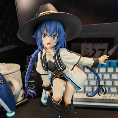 Blue-haired roxy migurdia pvc figure with wide-brimmed hat and detailed white black gold outfit from tensei roxy migurdia statue