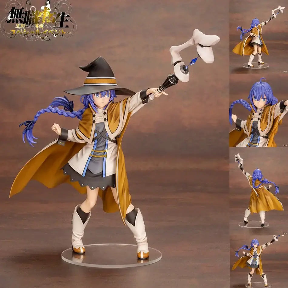 Detailed pvc figure of blue-haired roxy migurdia in tan and white coat holding bone-topped staff from tensei roxy migurdia