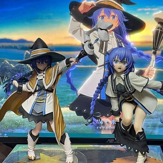 Two detailed pvc figure witches from tensei roxy migurdia with tan white and grey black outfits and wide-brimmed hats