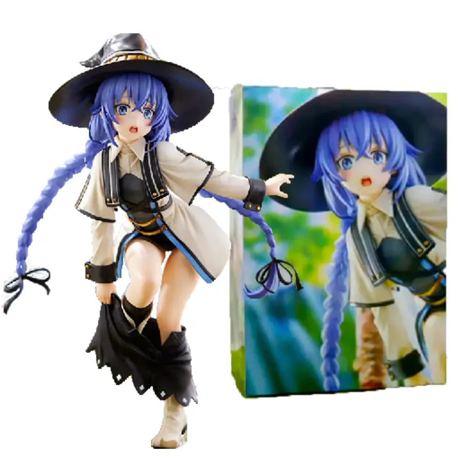 Blue-haired roxy migurdia pvc figure wearing black hat and beige coat made of detailed plastic resin from mushoku tensei