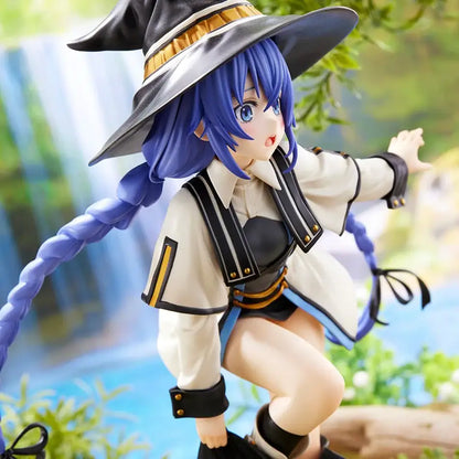 Blue-haired roxy migurdia pvc figure from mushoku tensei adult collection wearing black and gold hat with white coat