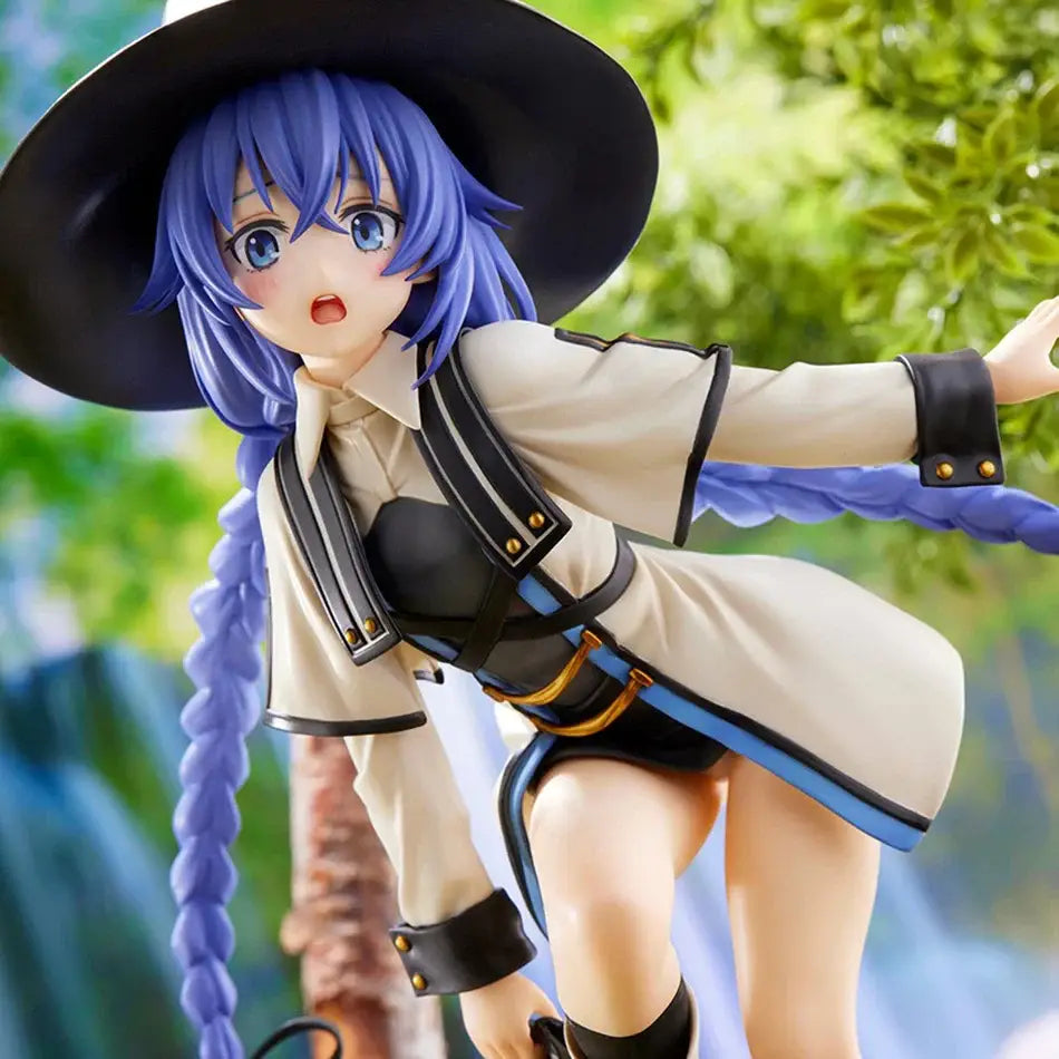Blue-haired roxy migurdia mushoku tensei pvc figure with black hat beige coat and gold hardware from adult collection
