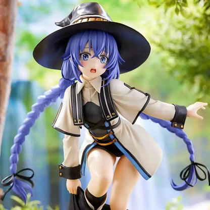 Blue-haired roxy migurdia pvc figure from mushoku tensei adult collection wearing black hat and beige coat with gold details