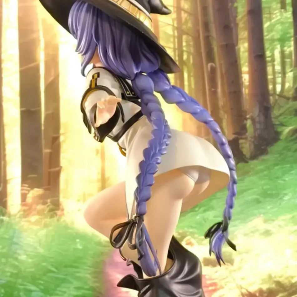 A detailed roxy migurdia mushoku tensei pvc figure with long purple braided hair wearing a black witch hat from adult collection