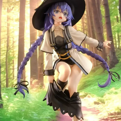 Detailed mushoku tensei roxy migurdia pvc figure with purple hair black hat beige coat gold accents from adult collection