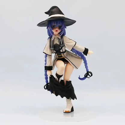 Detailed plastic roxy migurdia figurine with blue hair, black hat, and beige coat from mushoku tensei adult collection