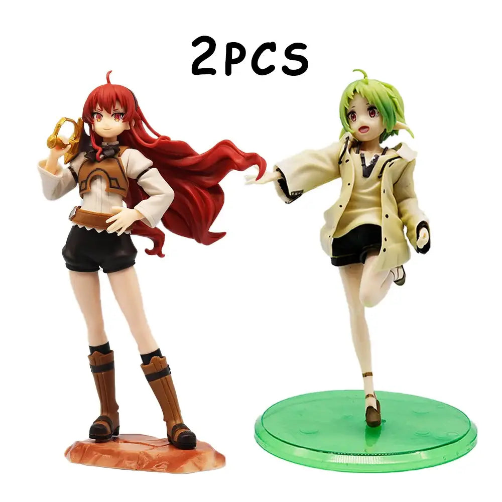 Two anime figures from mushoku tensei featuring roxy migurdia in green coat and another in white shirt on colored bases