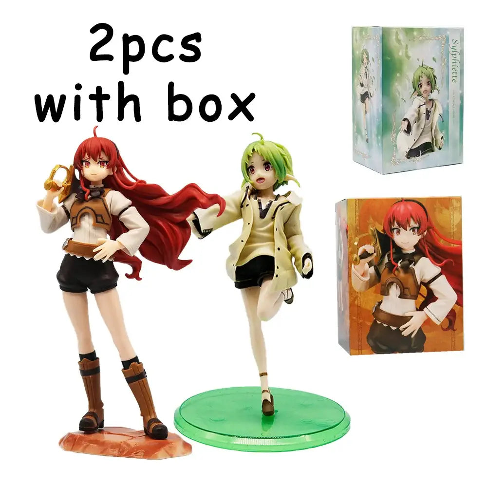 Two mushoku tensei anime figures including roxy migurdia in detailed pvc with vibrant hair and clothing colors