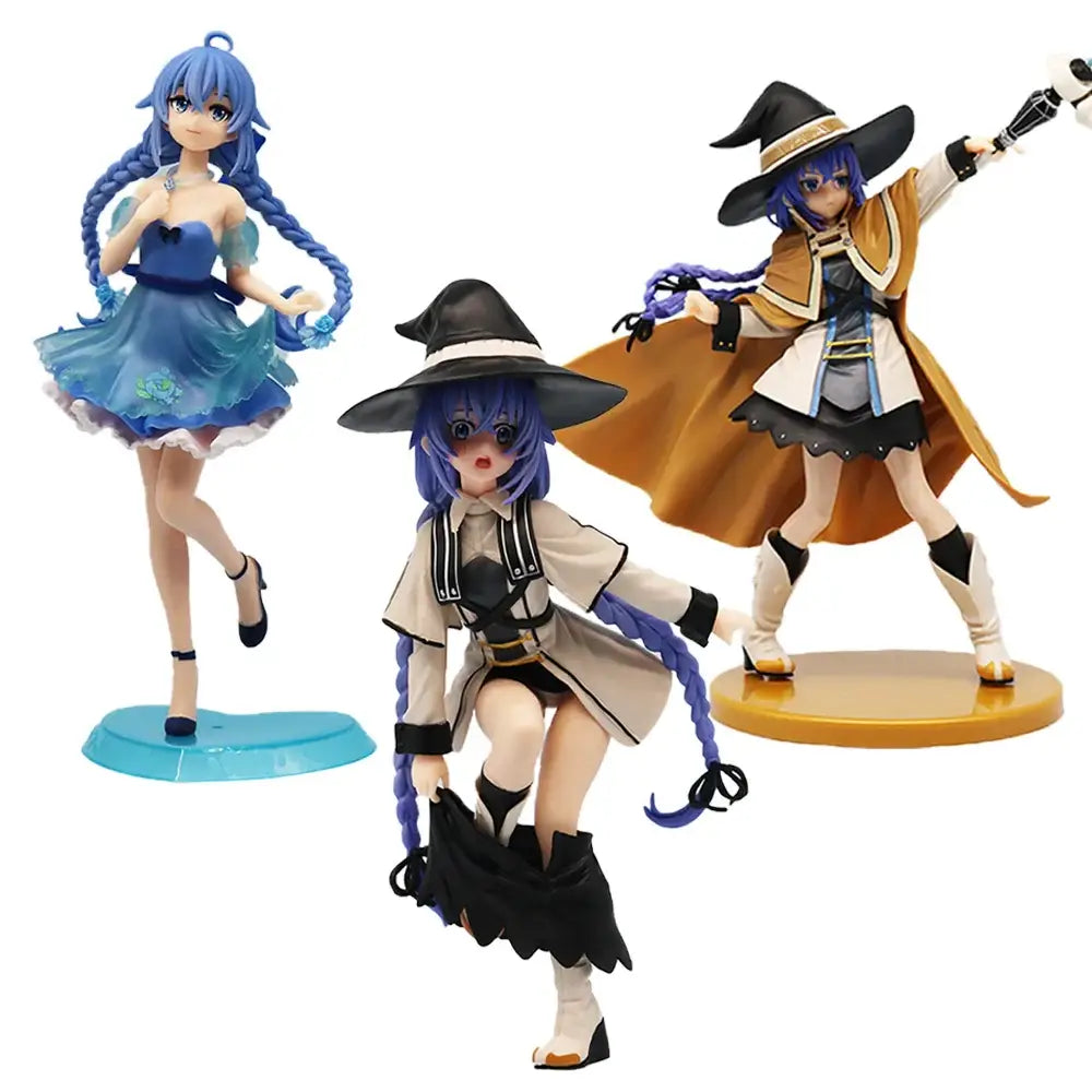 Three blue-haired roxy migurdia anime figures in distinct outfits on colorful bases from mushoku tensei pvc figure set