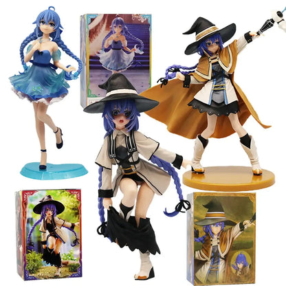 Roxy migurdia mushoku tensei anime figure with blue and purple hair in beige coat and black hat on tan base
