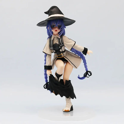 Blue-haired roxy migurdia anime figure from mushoku tensei wearing a black hat beige coat and holding a black skirt