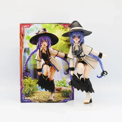 Purple-haired roxy migurdia anime figure in black hat and beige coat standing beside mushoku tensei packaging