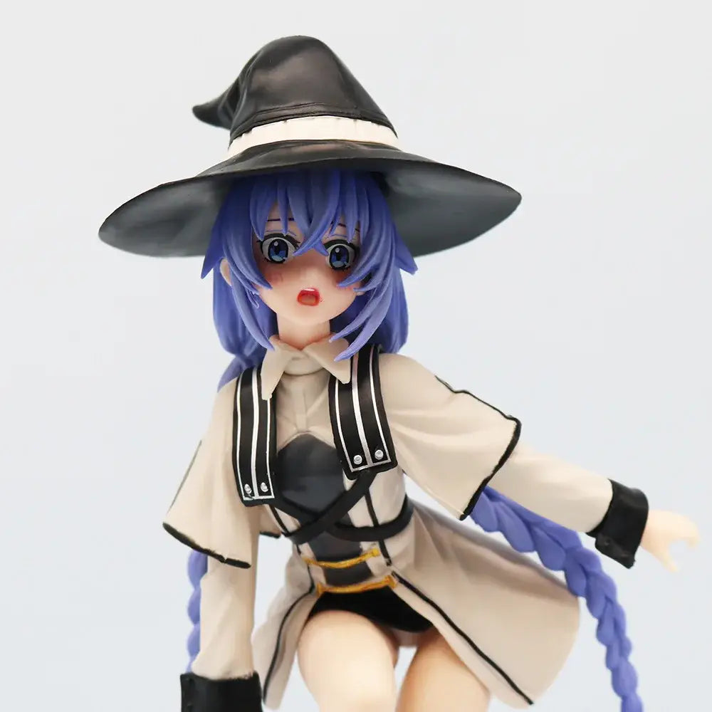 Blue-haired roxy migurdia anime figure wearing black hat with white band and beige coat from mushoku tensei pvc model
