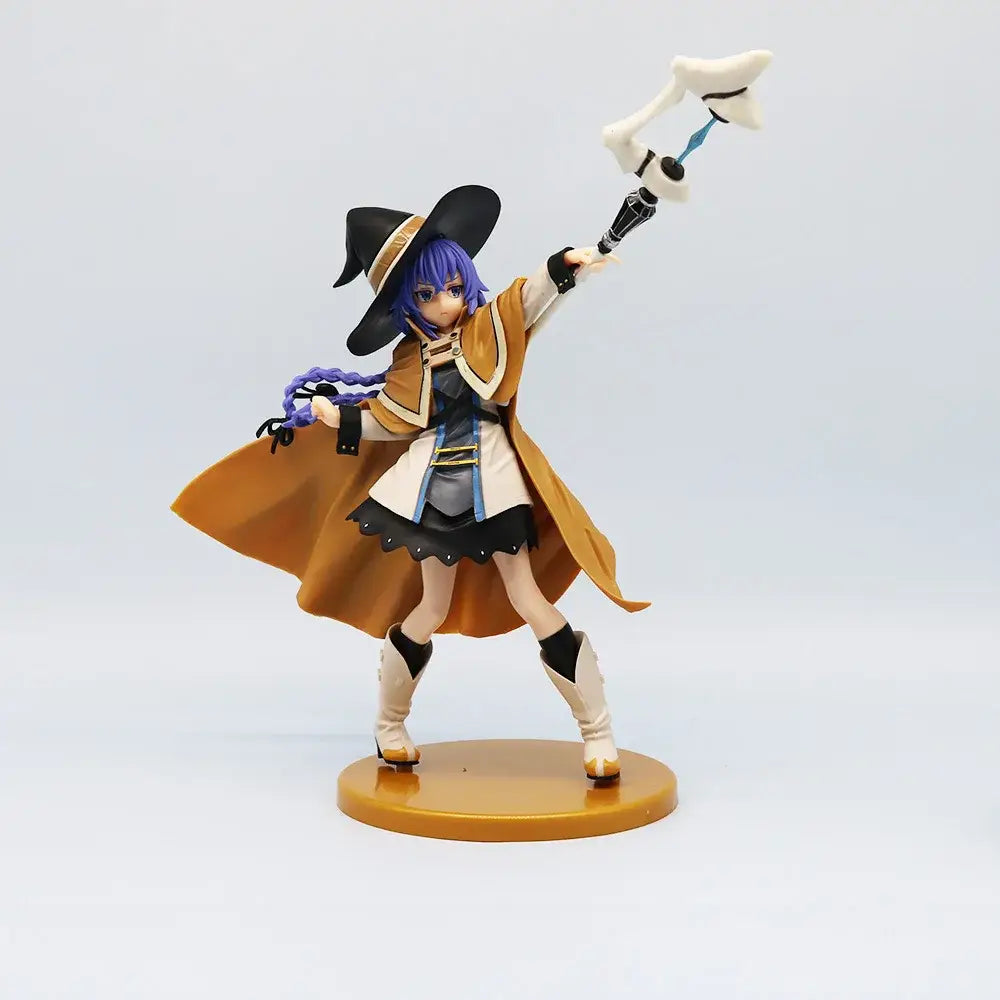 A detailed mushoku tensei roxy migurdia anime figure featuring a purple-haired witch in tan coat with white bone weapon