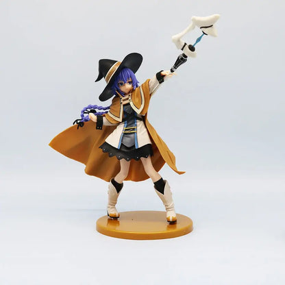 A detailed mushoku tensei roxy migurdia anime figure featuring a purple-haired witch in tan coat with white bone weapon