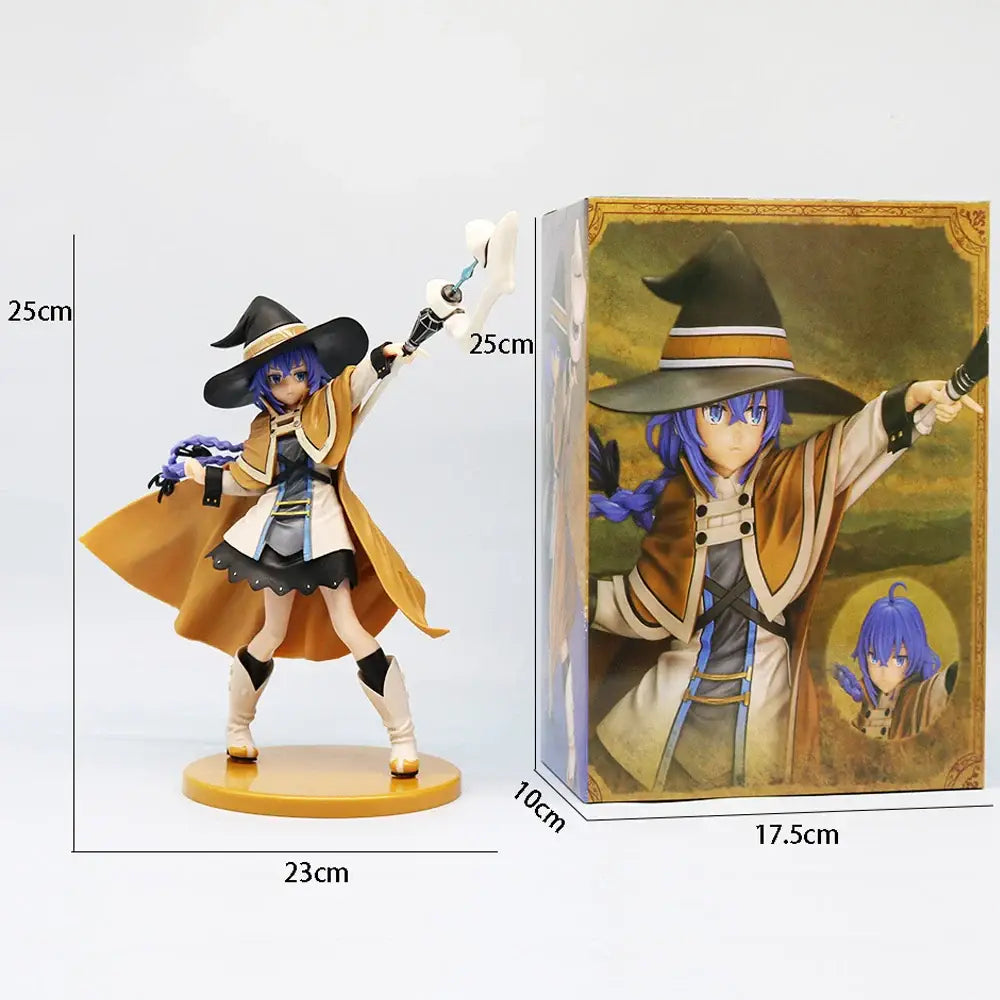 Detailed roxy migurdia anime figure from mushoku tensei featuring blue hair, black hat with gold trim, and glowing staff