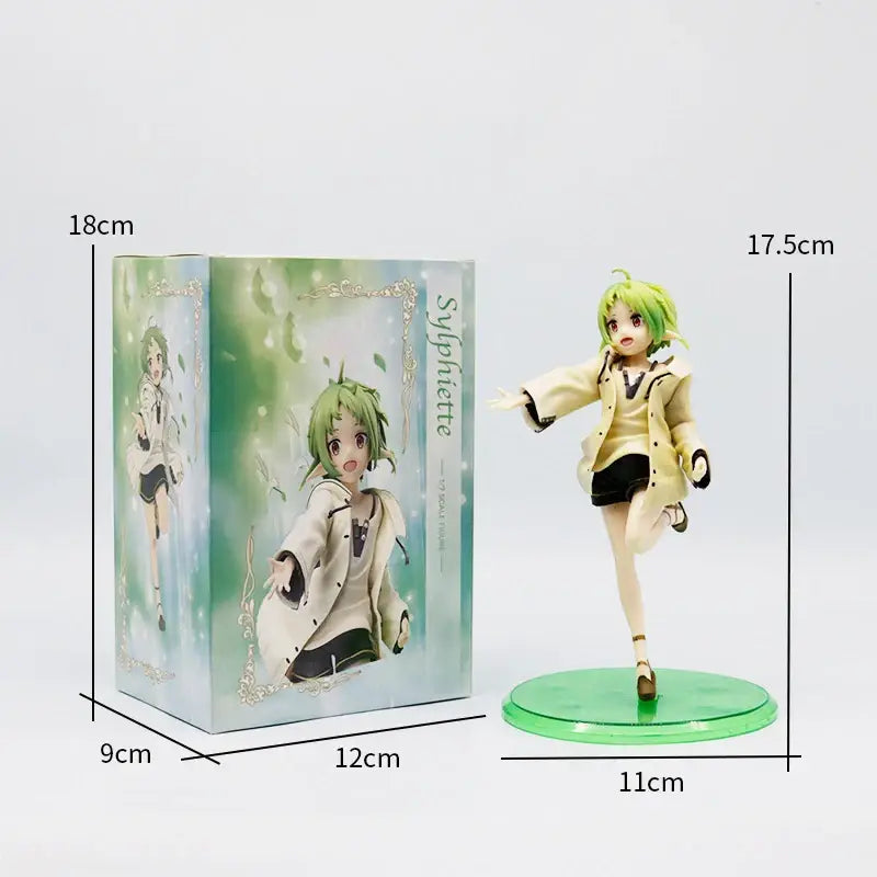 Green-haired roxy migurdia anime figure from mushoku tensei in beige coat and black shorts on translucent green base