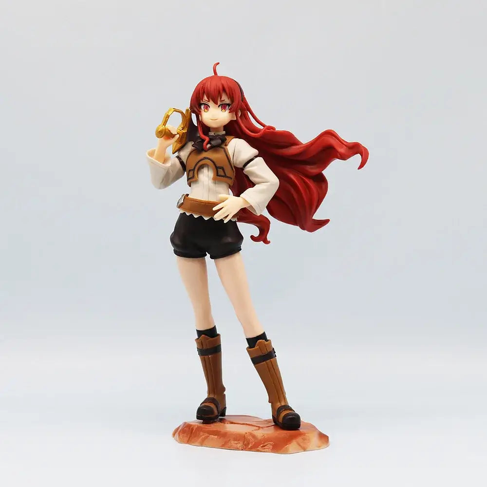 Red-haired roxy migurdia anime figure from mushoku tensei in white shirt brown vest shorts standing on orange base