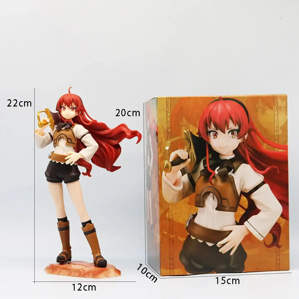 Red-haired roxy migurdia anime figure from mushoku tensei wearing white blouse and brown vest on orange base