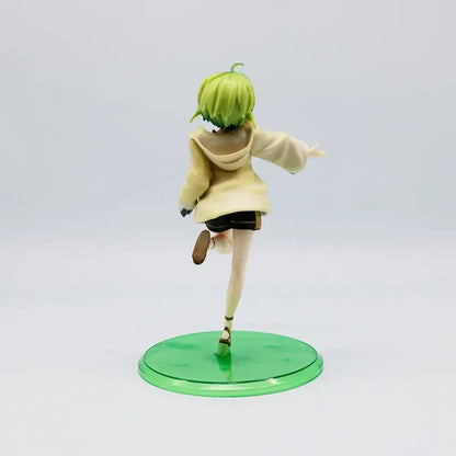Green-haired roxy migurdia anime figure in beige hoodie and black shorts on translucent green base from mushoku tensei