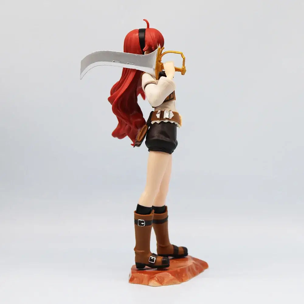 Red-haired roxy migurdia anime figure from mushoku tensei standing on orange rocky base holding silver sword with gold hilt