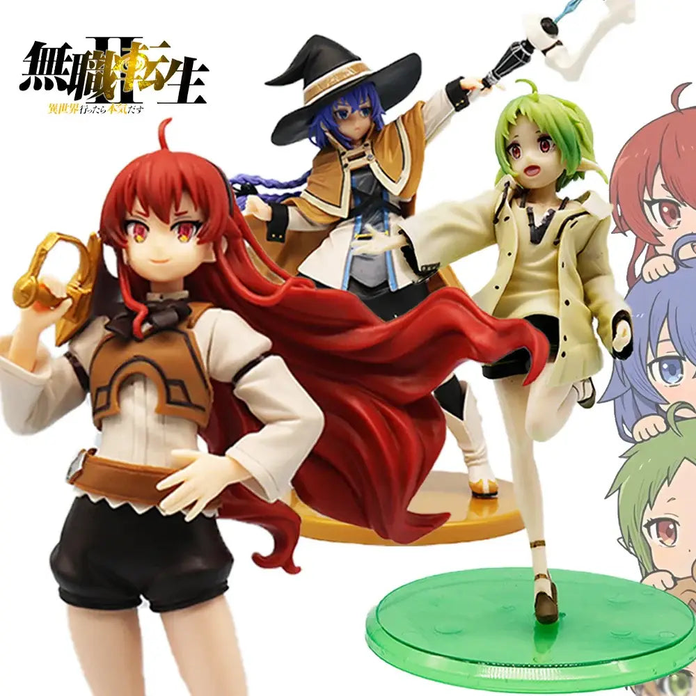 Red-haired roxy migurdia mushoku tensei anime figure with long hair wearing white blouse brown vest and black shorts pvc model