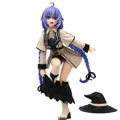Mushoku tensei roxy migurdia pvc statue 25cm with purple hair in beige coat holding black skirt accessory