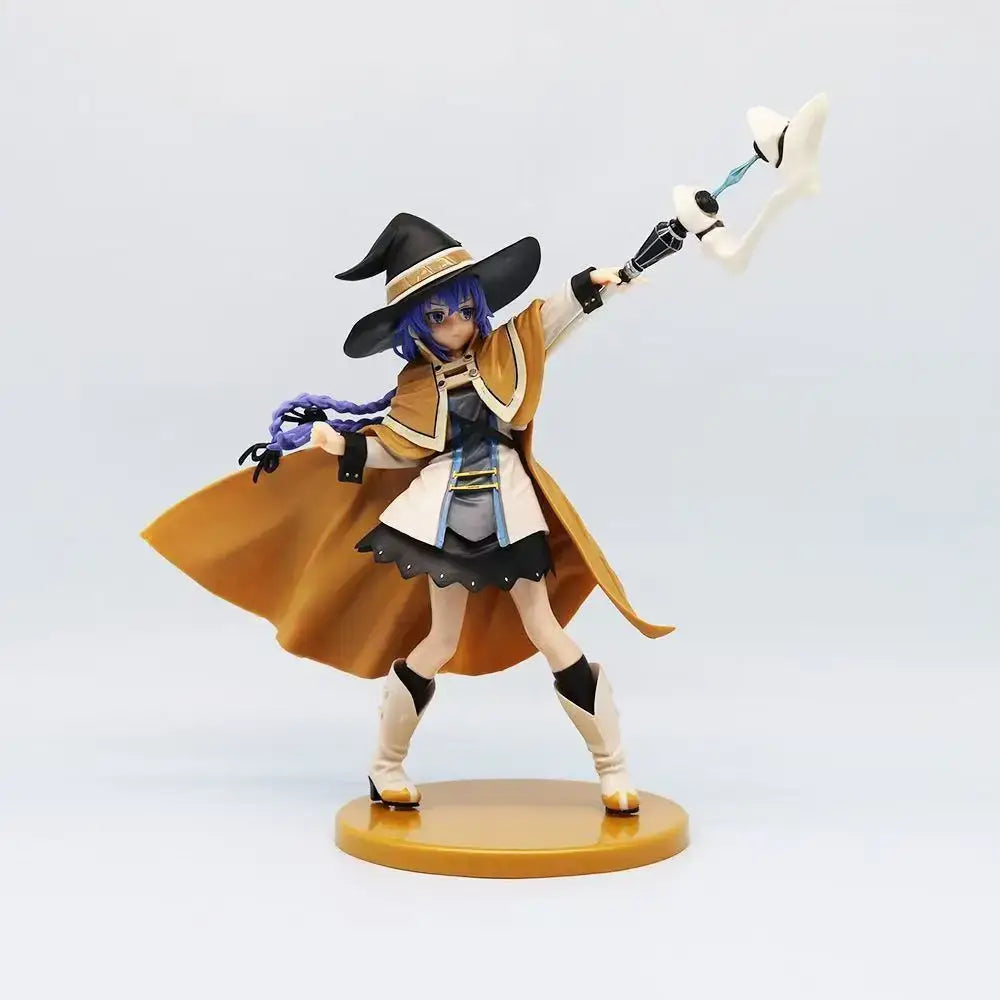 A detailed mushoku tensei roxy migurdia pvc statue featuring a long purple hair witch with black hat and white wand