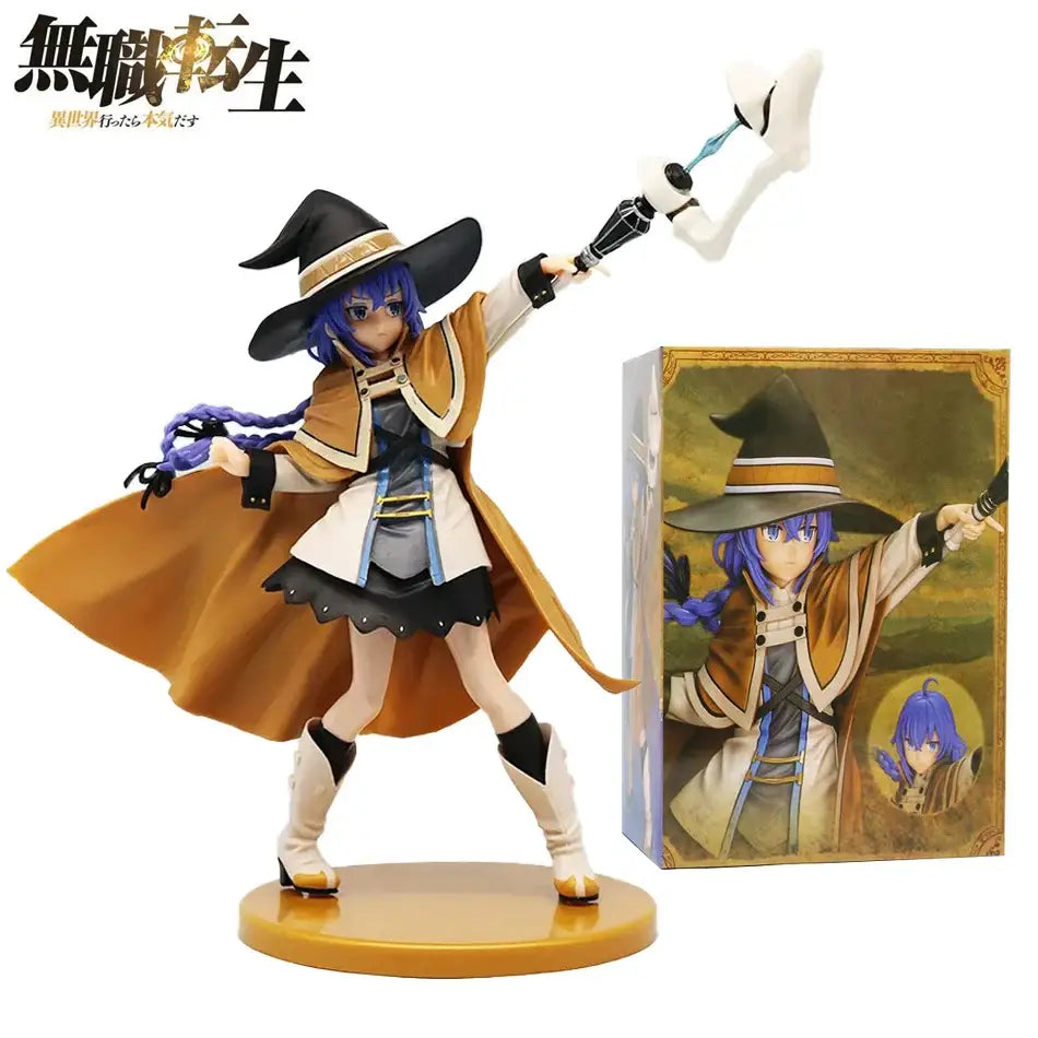 A 25cm roxy migurdia pvc statue from mushoku tensei featuring a witch with long blue hair, black hat, and orange-brown coat