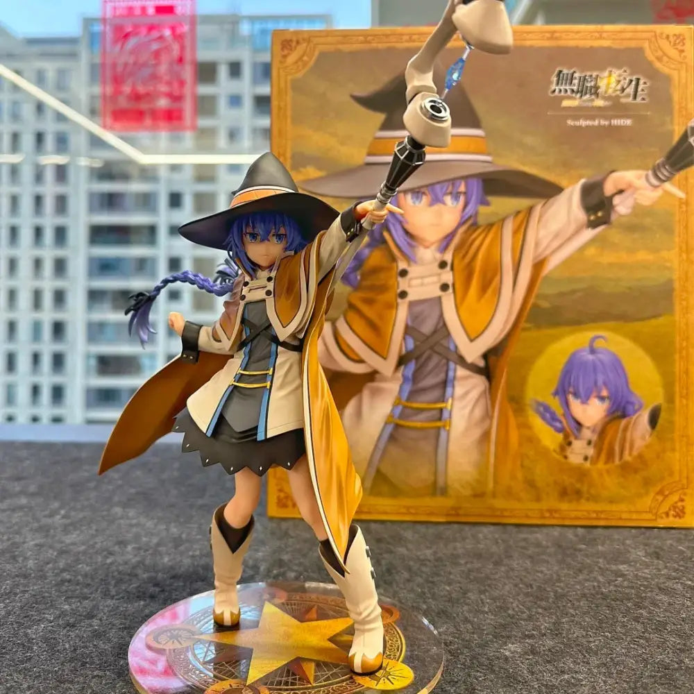 Detailed mushoku tensei roxy migurdia pvc statue of blue-haired witch in orange cloak holding staff wearing wide-brimmed hat