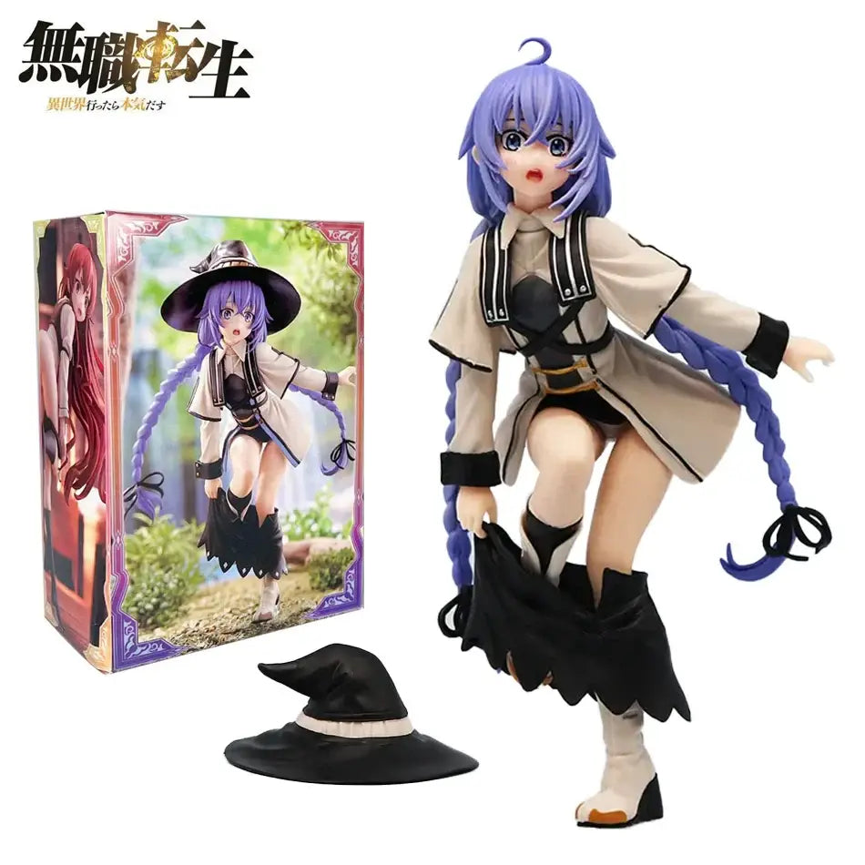 Purple-haired roxy migurdia mushoku tensei pvc statue wearing beige coat with black accents holding skirt 25cm tall