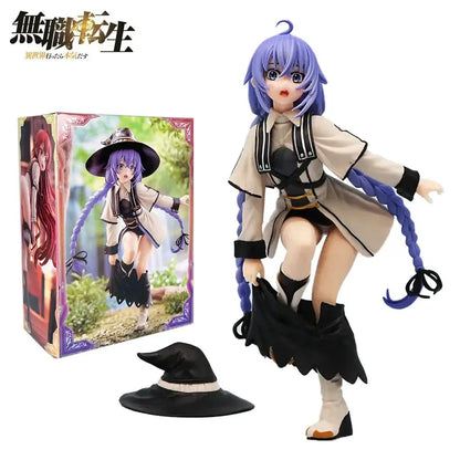 Purple-haired roxy migurdia mushoku tensei pvc statue wearing beige coat with black accents holding skirt 25cm tall