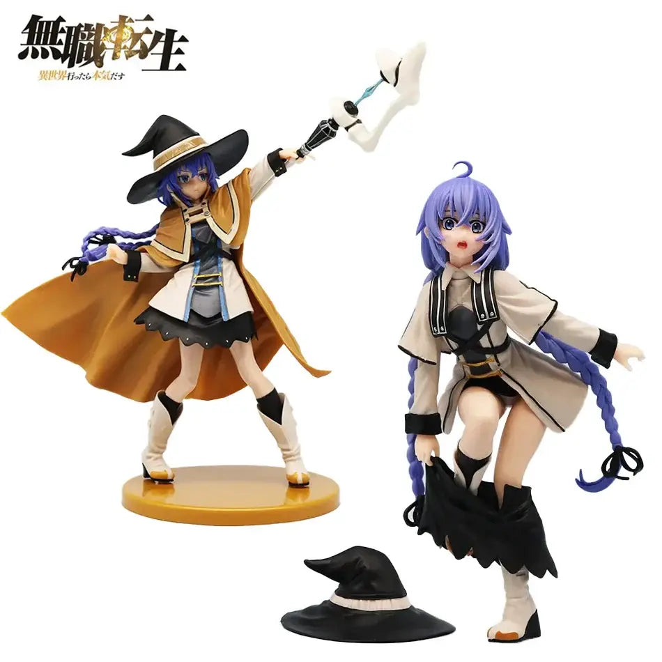 Two mushoku tensei roxy migurdia pvc statues featuring a witch in orange coat with white axe and purple haired character